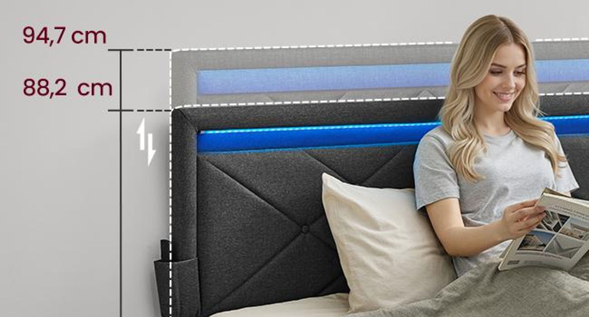 VASAGLE Doppelbettgestell, Bettgestell, 180 x 200 cm, LED, Metallbett, 4 Schubladen, Ladestation, verstellbares gepolstertes Kopfteil, Schiefergrau
