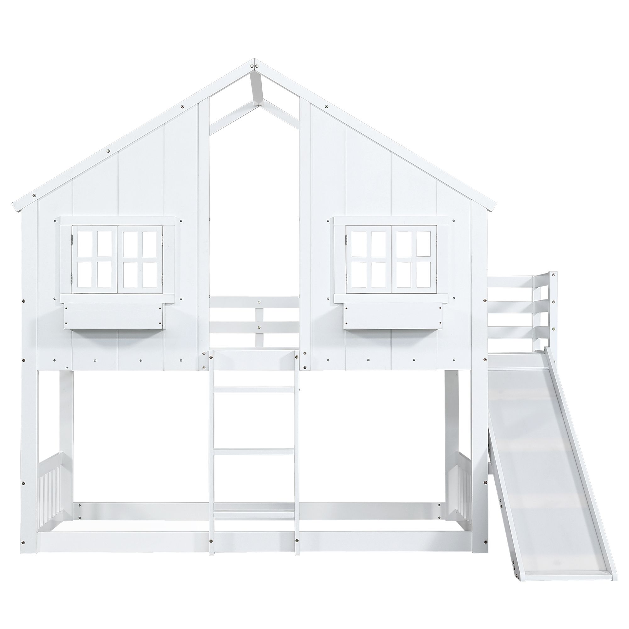 Flieks Etagenbett 90x200cm mit Rutsche, Kinderbett Hausbett mit Fenster und Staufach, Hochbett Stockbett Einzelbett Holzbett mit Lattenrost, Weiß