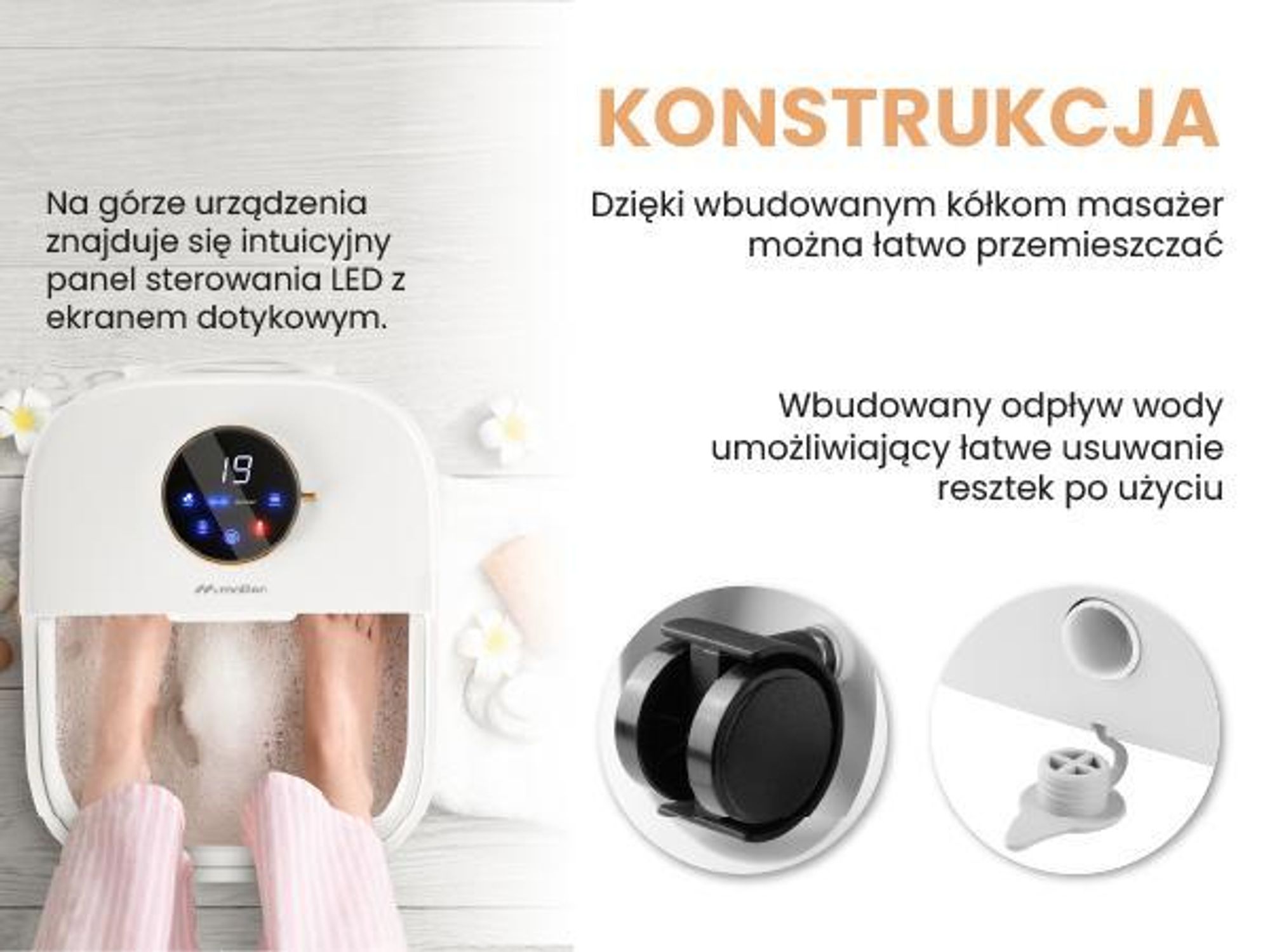 Masażer wodny do stóp z dotykowym wyświetlaczem LED oraz 6 rolkami masującymi