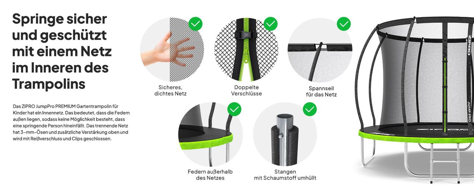 ZIPRO Trampolin Jump Pro Premium | 8FT Ø 252 cm | Gartentrampolin Kindertrampolin Komplett-Set inkl. Netz, Leiter & Randabdeckung, Outdoor, Grün