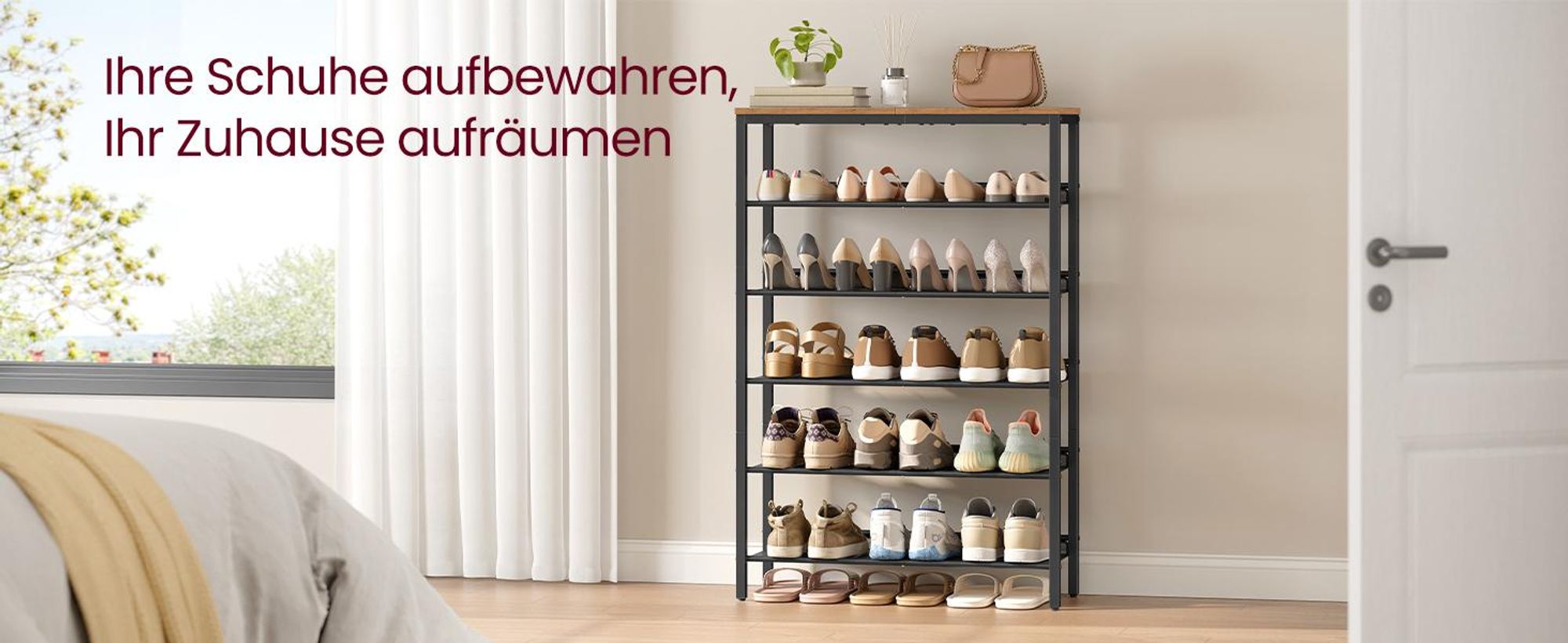 Schuhregal, Schuhablage, 6 Ebenen, große Oberfläche, verstellbare Gitterablagen, platzsparend für Eingangsbereich Flur, Metall
