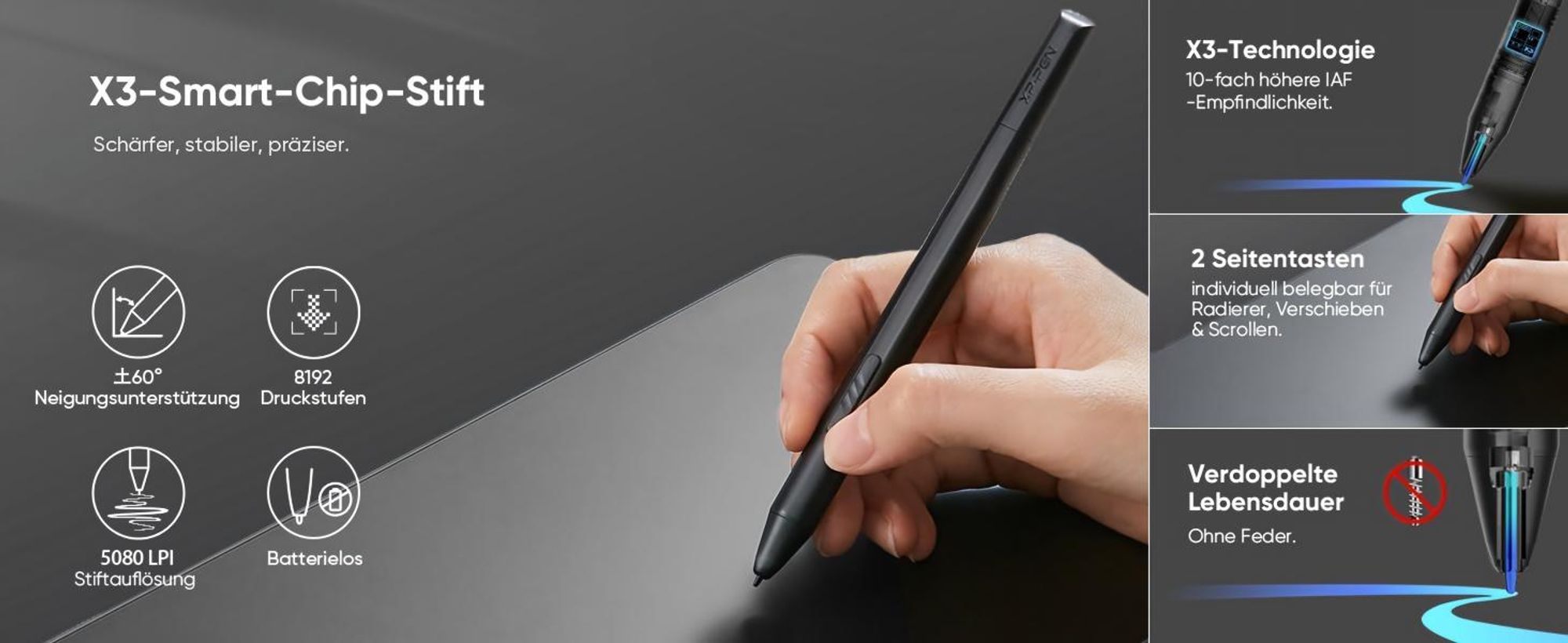 XPPen Deco LW 10 x 6 Zoll Grafiktablett mit Bluetooth-Funktion 8 anpassbare Schnelltasten, X3 Elite Stift Zeichentablett Tablet zum Zeichnen (Schwarz)