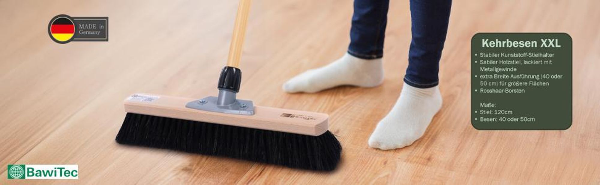 XXL Zimmerbesen Rosshaar-Naturhaar-Borsten 40cm Breit Kehrbesen mit Stiel sehr weich Besen Holzstiel
