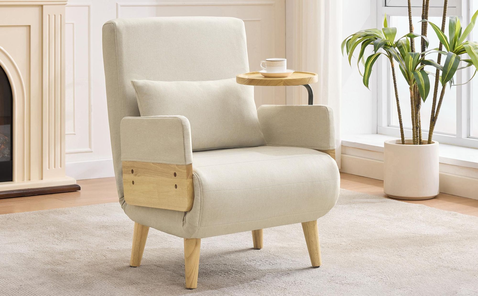 Merax Sessel, 3-in-1 Umbausessel mit Schlaffunktion, 6-fach verstellbar, Holztablett, Lordosenstütze & Kissen, Leinen, Beige