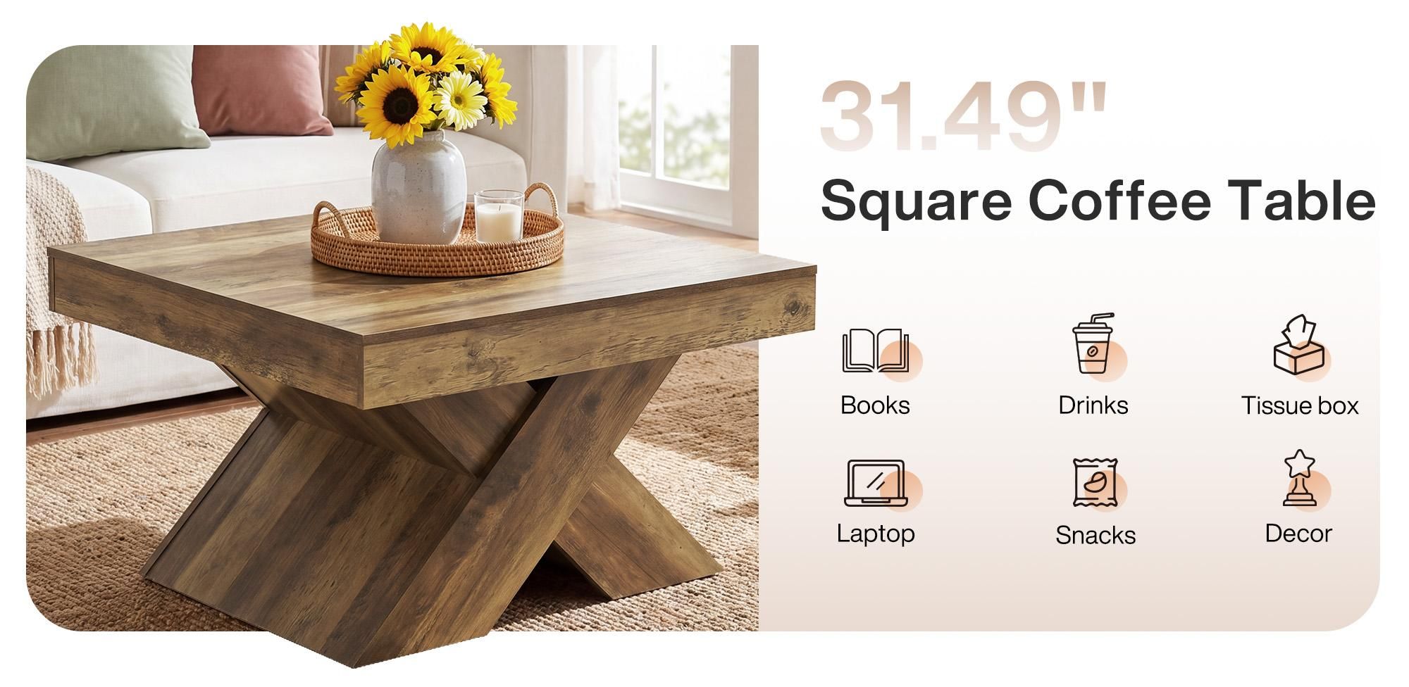 Tribesigns Quadratischer Couchtisch, 80 cm Couchtisch im Landhausstil aus Holz mit X-Gestell für das Wohnzimmer, Beistelltisch für kleine Räume