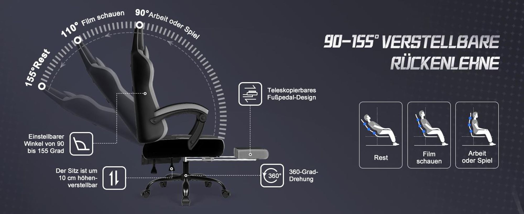 Aiibot Gaming Stuhl, Ergonomischer Gaming Sessel,Schreibtischstuhl,Gamingstuhl mit Fußstütze,Gaming stuhl 150 kg,verstellbare Rückenlehne,Schwarz/Grau