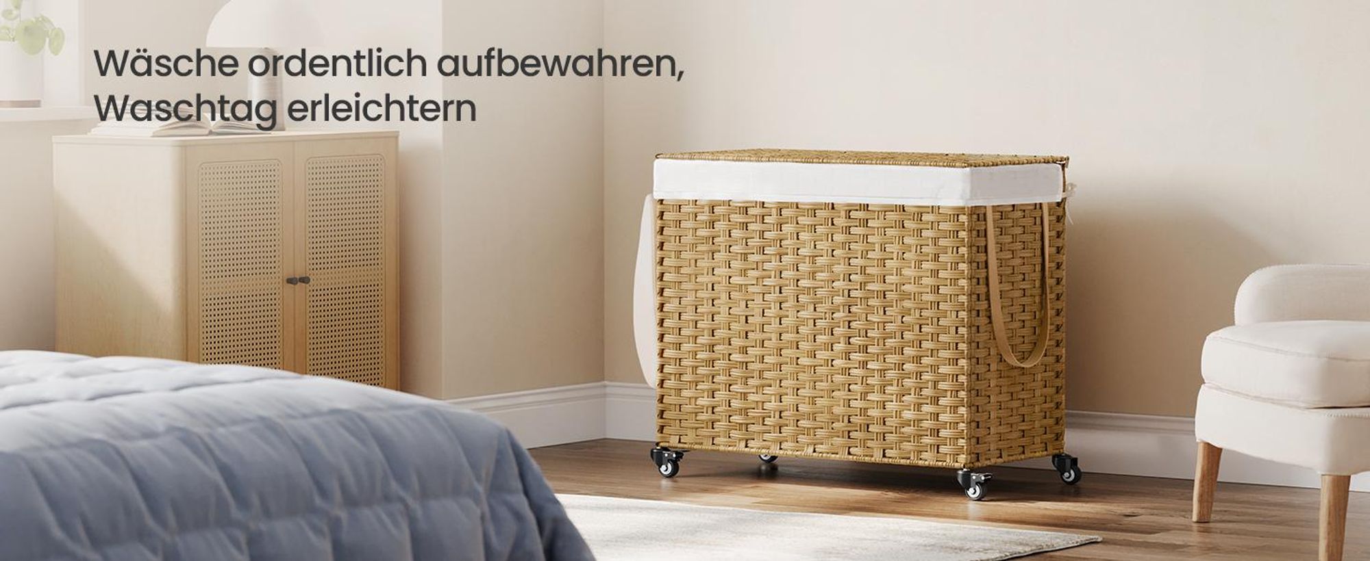 SONGMICS Wäschekorb, 160 L, mit Deckel, 3 Fächer, Wäschesack herausnehmbar