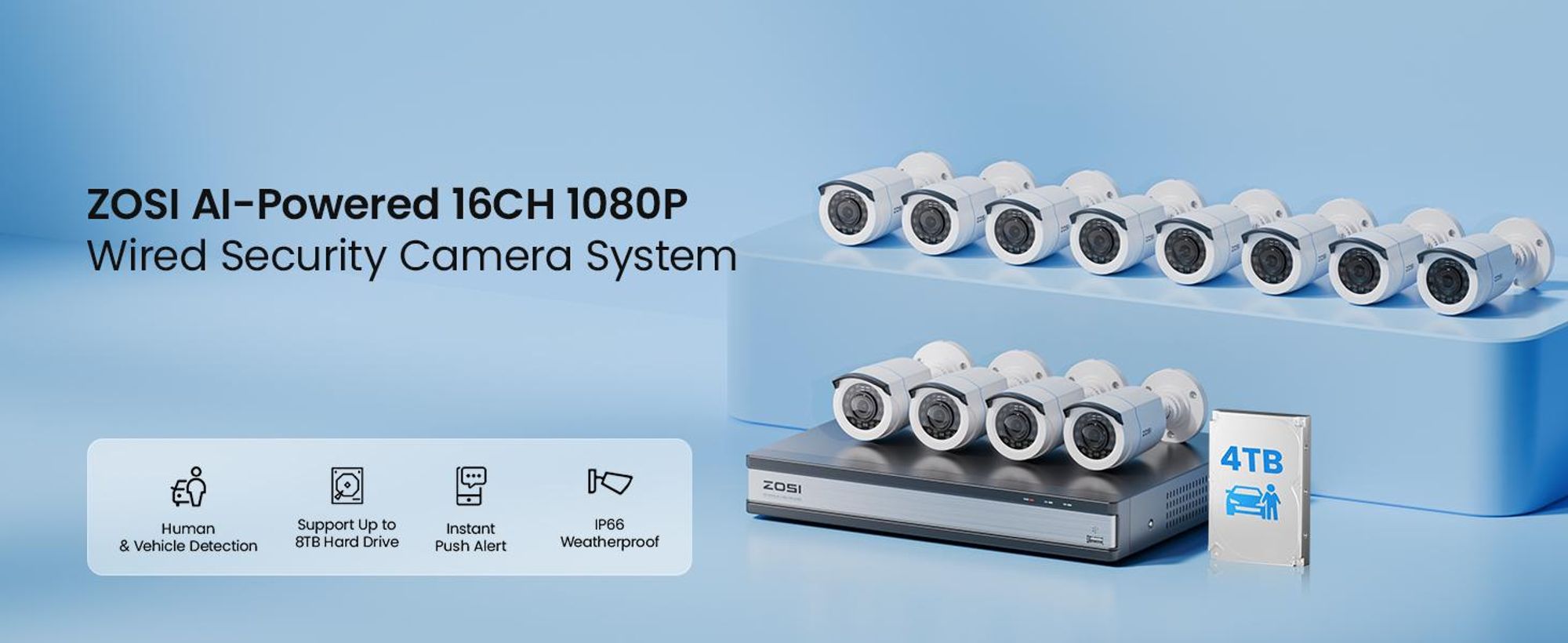 ZOSI 1080P 16CH Überwachungskamera Set Aussen, Personen- und Fahrzeugerkennung, 4TB DVR Rekorder, Videoüberwachung für Haus- und Geschäftsüberwachung