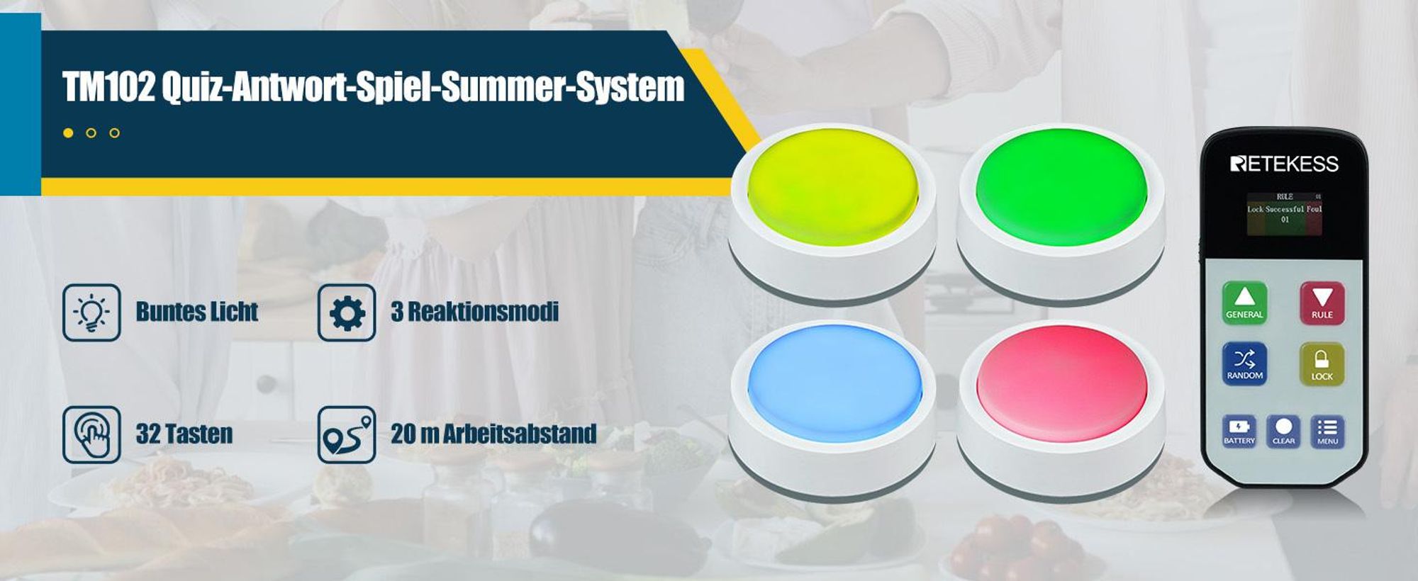 Retekess TM102 Wireless Buzzer System, Spiel Summer, Countdown Rush und Zufallsmodus, Warnung bei Niedrigem Batteriestand, für Wettbewerbe, Quiztests