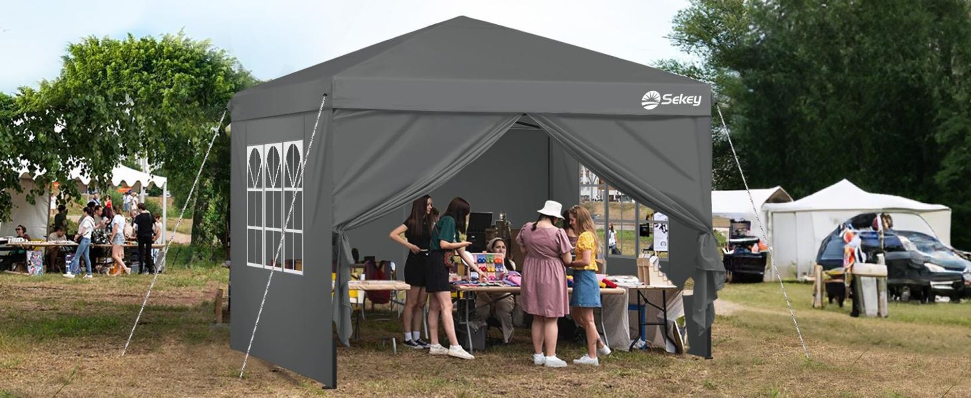 Sekey Faltpavillon 3x3 mit 4 Seitenwänden und mit 4 Sandsäcke, Wasserdicht Pop Up Pavillon für Camping, Festival, Events, Picknicks, Grau
