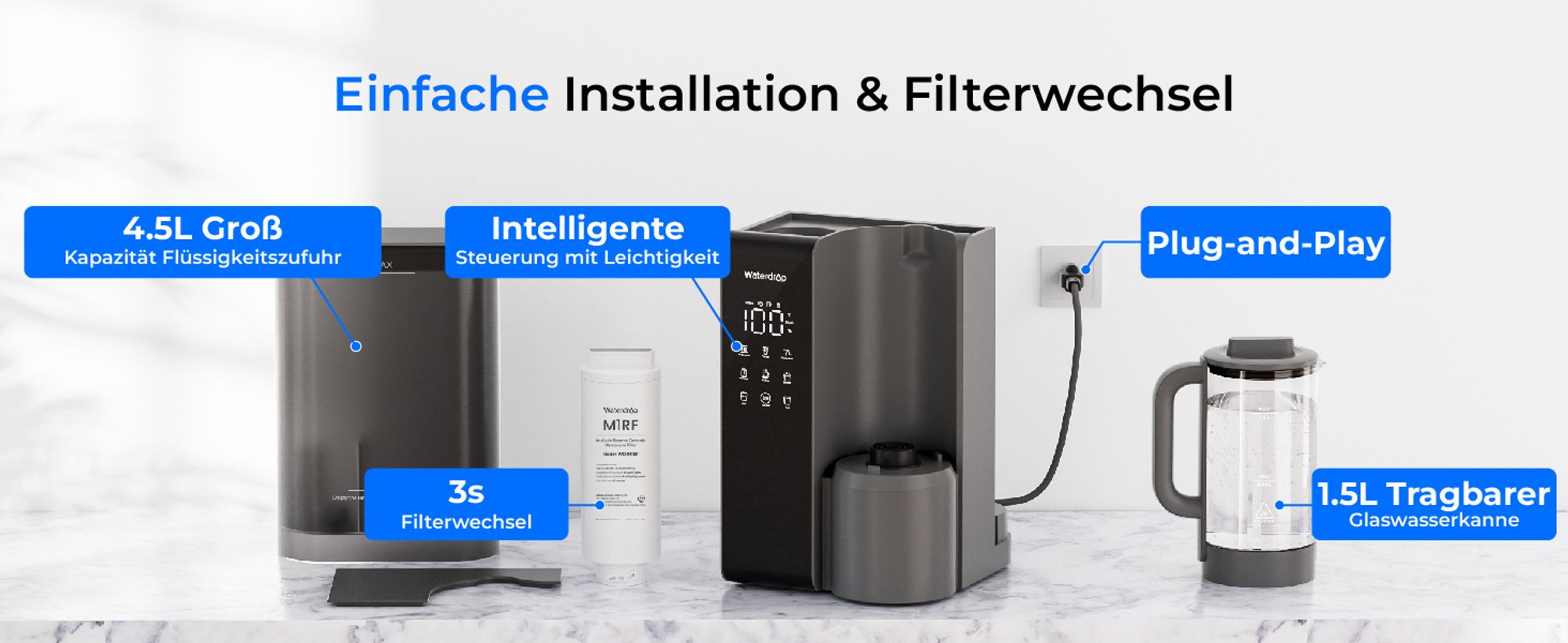 Waterdrop WD-M1 Heißwasser Umkehrosmose Tischwasserfiltersystem, 7 Temperaturoptionen, 6-stufige Reinigung, 3:1 Rein zum Abfluss, ohne Installation