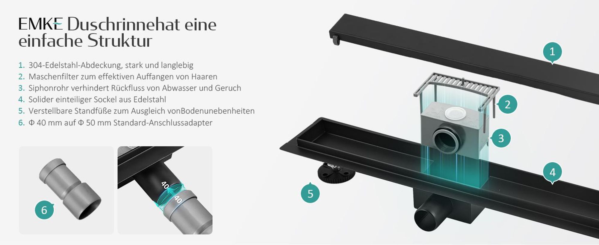 EMKE Duschrinne Edelstahl 50cm Mattschwarz Bodenablauf Siphon mit Geruchsstop Duschablauf sehr flach Randablauf