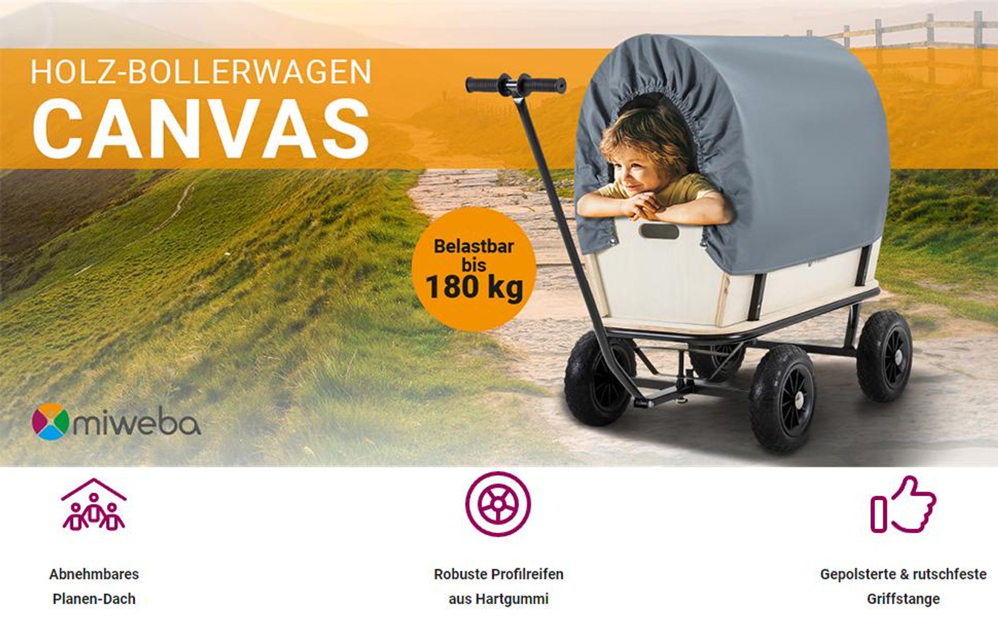 Miweba Holz Bollerwagen Canvas | Mit Dach abnehmbar - Handwagen - Gartenwagen - Offroad - Camping - Strand - Robust - Wände abnehmbar (Grau/Holz)