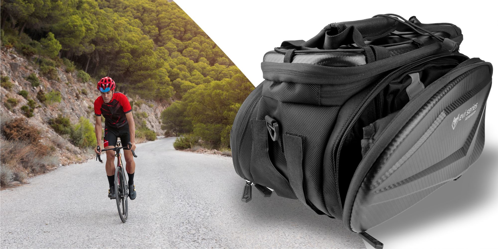 Wodoodporna torba rowerowa na bagażnik 35 l, torba bagażowa EVA Hardtop z osłoną przeciwdeszczową i paskiem na ramię, odblaskowa, EVI BIKE Adventure+ czarna