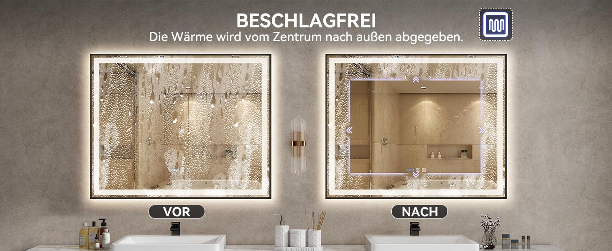 Puluomis Badspiegel 100x80 beschlagfrei mit 3 Farbe Beleuchtung, dimmbare Helligkeit, Badezimmerspiegel mit Digitaluhr, Temperatur schwarz