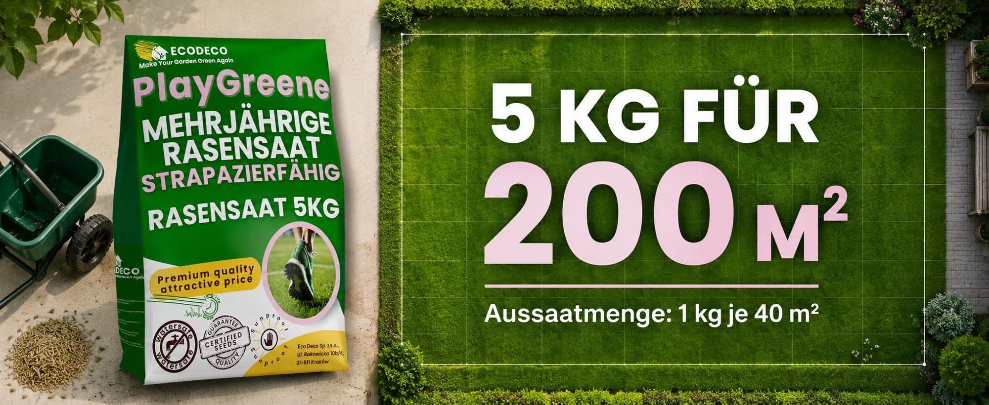 EcoDeco Rasensamen 5kg Sport und Spielrasen, schnellkeimender Rasensamen, selbstverdichtend, strapazierfähig, Rasenreparaturmischung