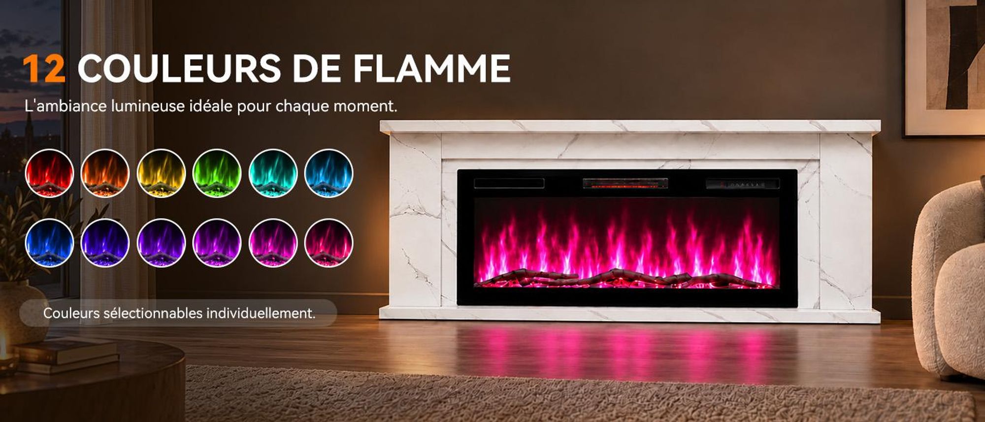 Flammes 3D colorées, ambiance réglable de manière flexible