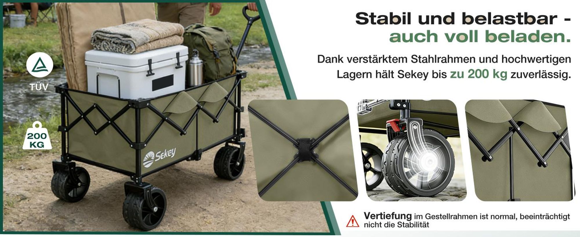 Sekey XXL Plus Bollerwagen Faltbar mit Extra Breite Räder, Faltbollerwagen belastbar 200kg Handwagen Klappbar Transportwagen, Olivgrün