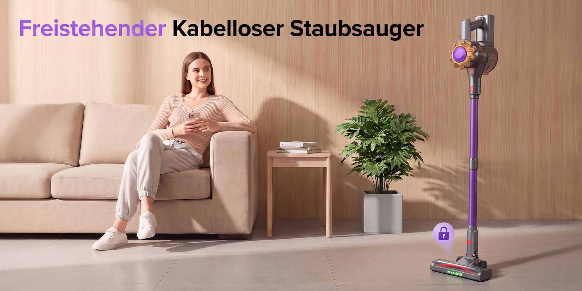Lubluelu P7 75000 Pa Akku-Staubsauger Saugleistung, Anti-Haar-Verwicklungsbürste, Grüne Beleuchtung, Freistehend, Teppiche & Hartböden