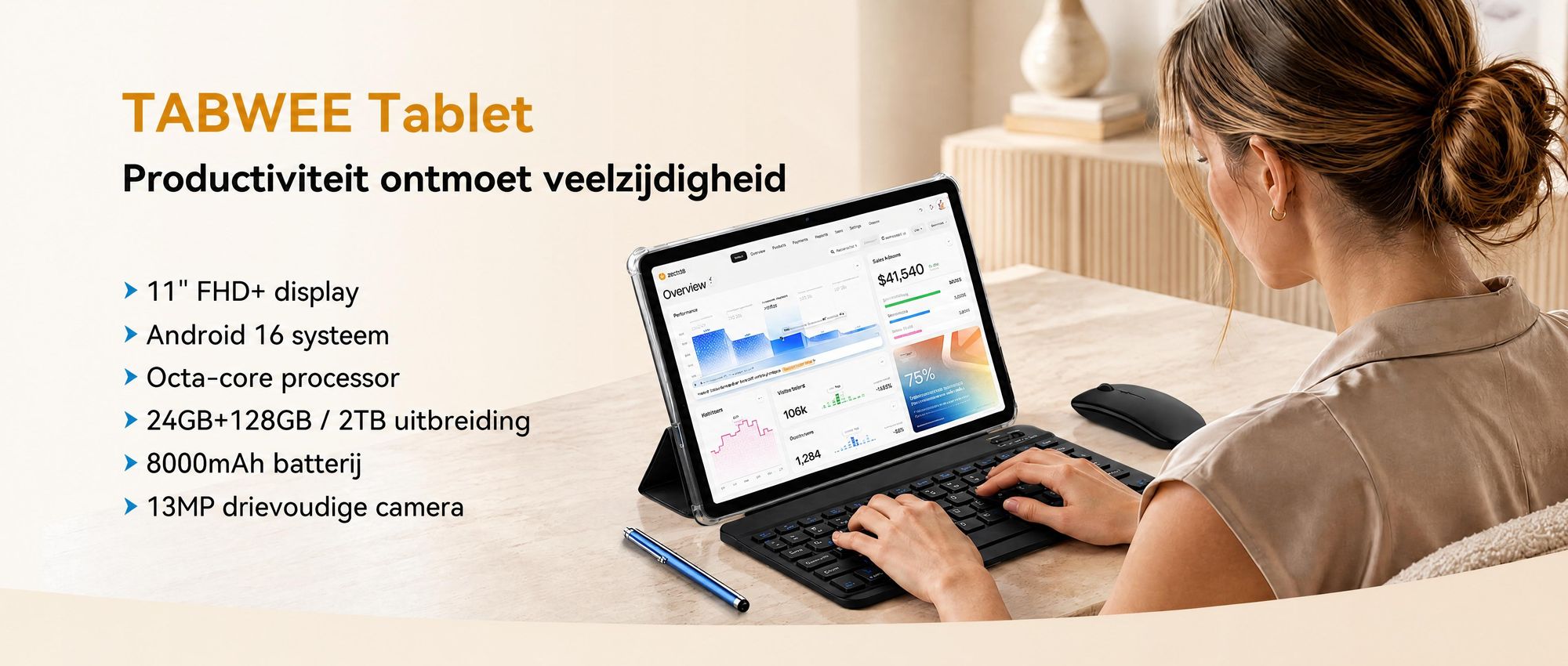 TABWEE T90 Tablet, Android, 16 inch, 11 inch scherm, 24GB RAM (8+16) + 128GB opslag (uitbreidbaar tot 2TB met TF-kaart), 5G WiFi, met stylus/muis/toetsenbord, 8000mAh batterij, 16MP + 8MP camera, Widevine L1, Gemini AI