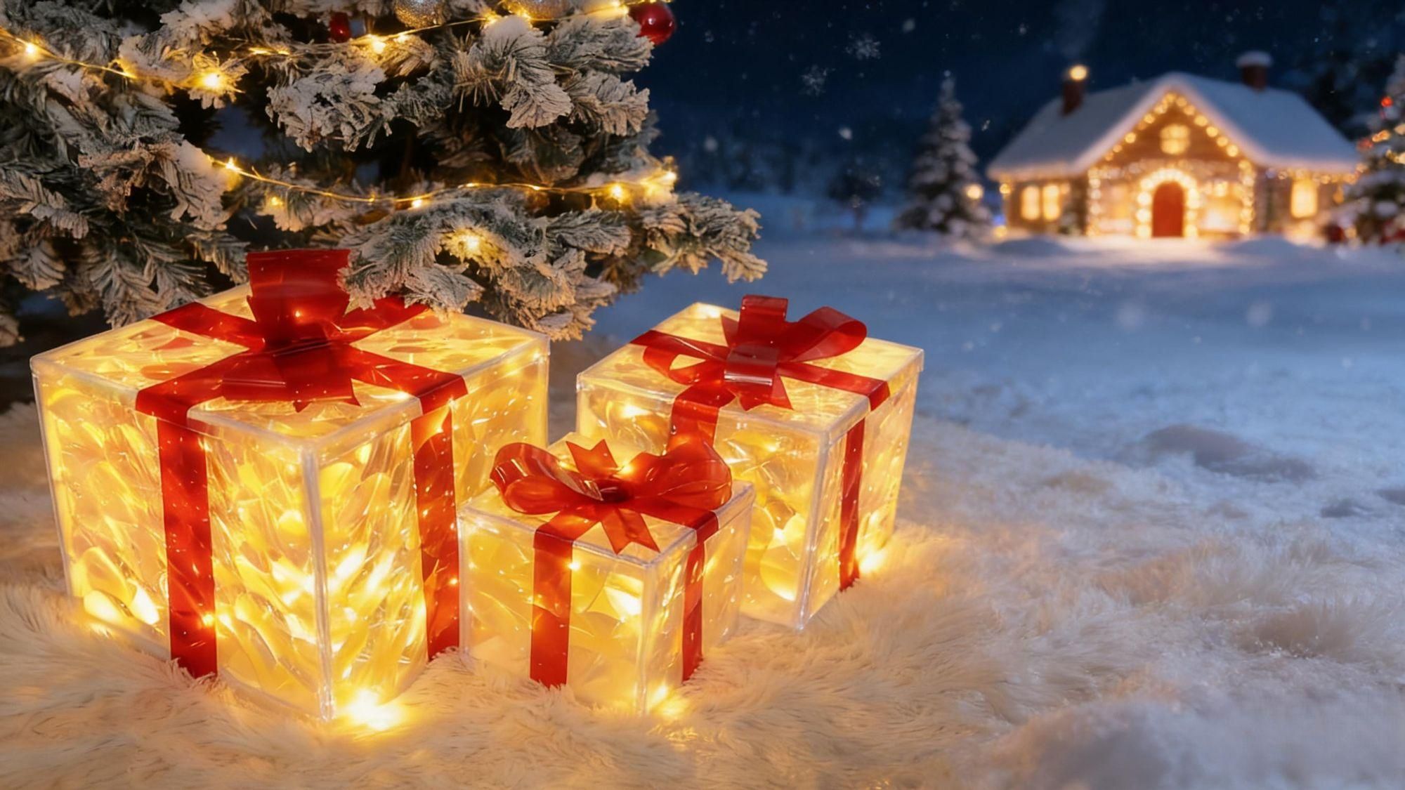 ZMH Albero di Natale artificiale 210 cm con 3 set di regali confezione regalo si accende LED 8 modalità di luce albero di Natale aghi in PVC per la decorazione natalizia interna