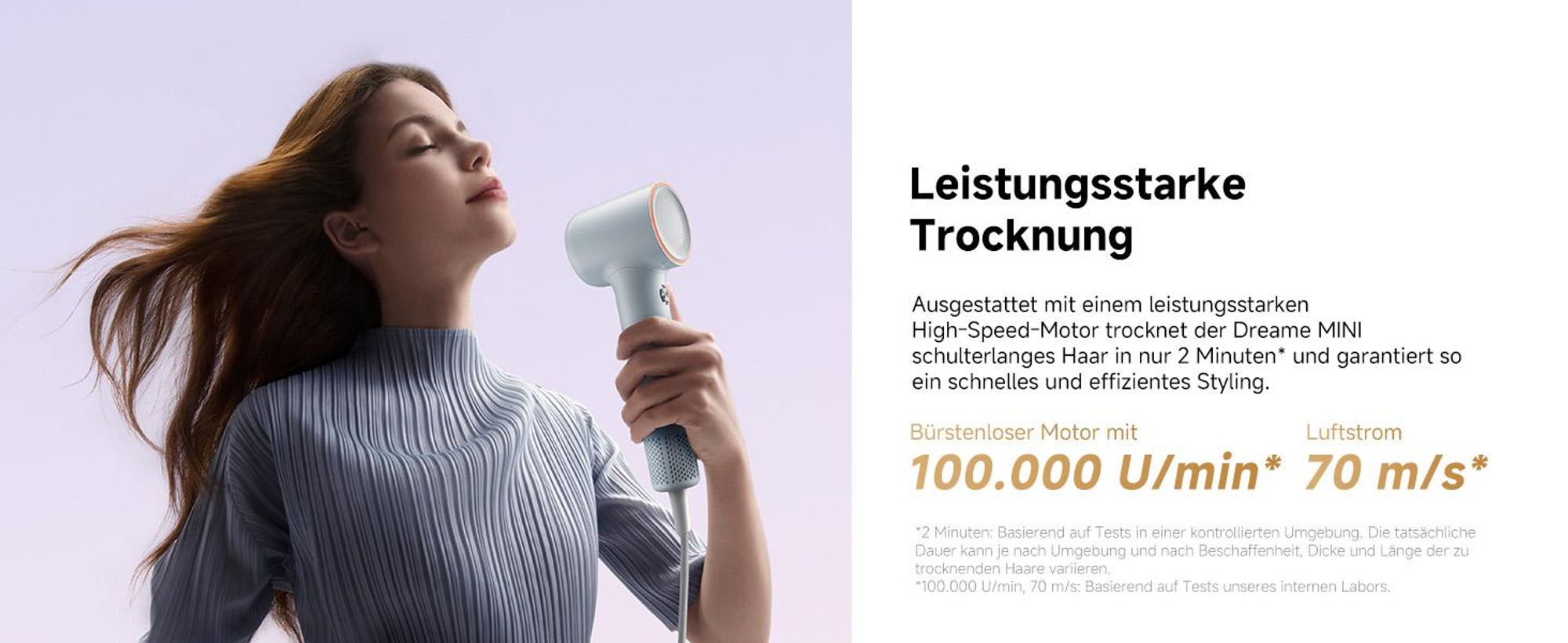 Dreame Mini Hochleistungs-Haartrockner,270g leicht,schnelltrocknend Fön,100K U/min Motor,NTC-Temperaturregelung, Negativ-Ionen,5 Steuerungsmodi,Blau