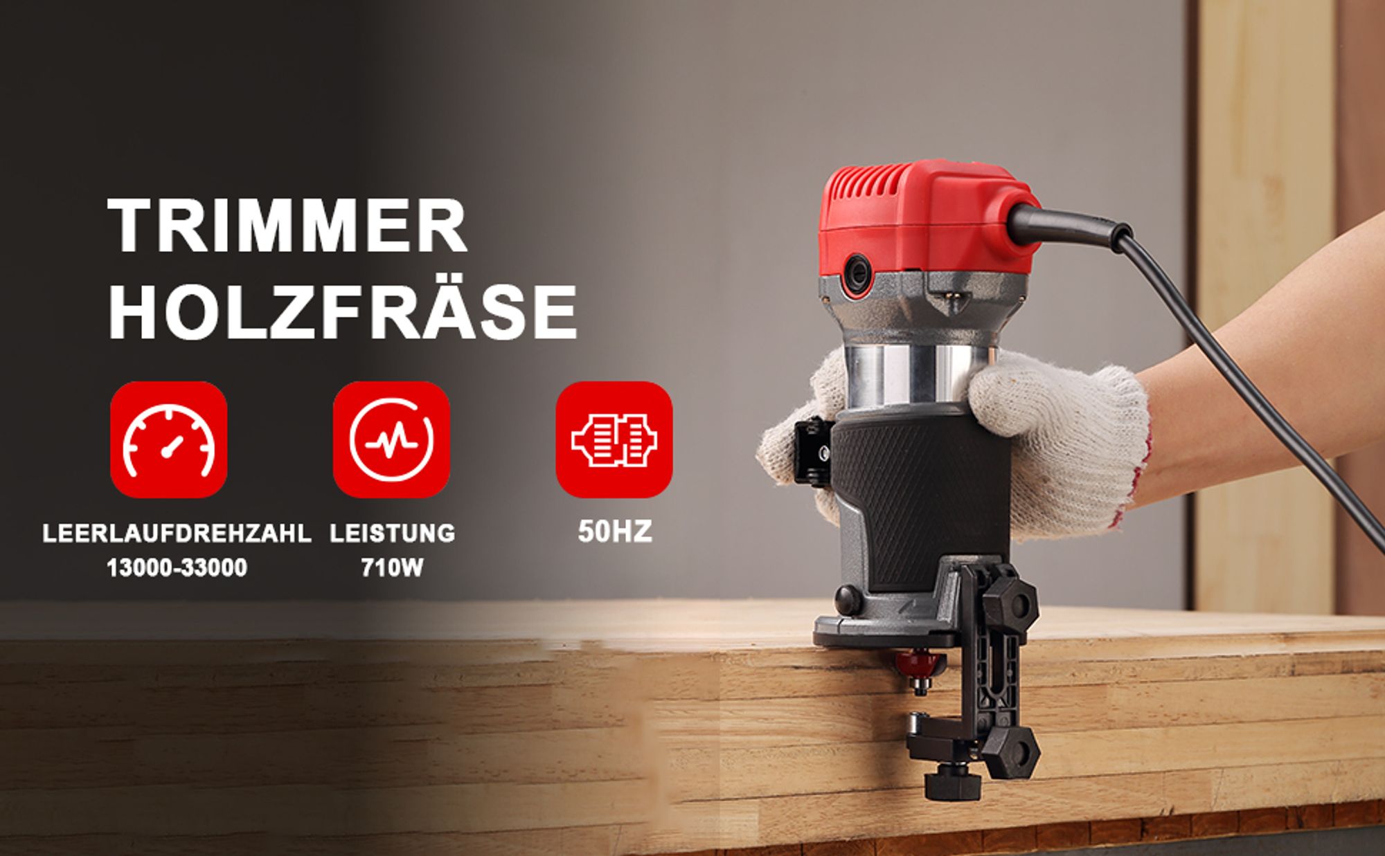 TEENO Holzfräse 710W 13000–33000 U/min mit Staubabsaugungsanschluss, 15 Stück 1/4" Fräsen Cuter, 6 Geschwindigkeiten, Spannzange 6MM, 6.35MM, 8MM