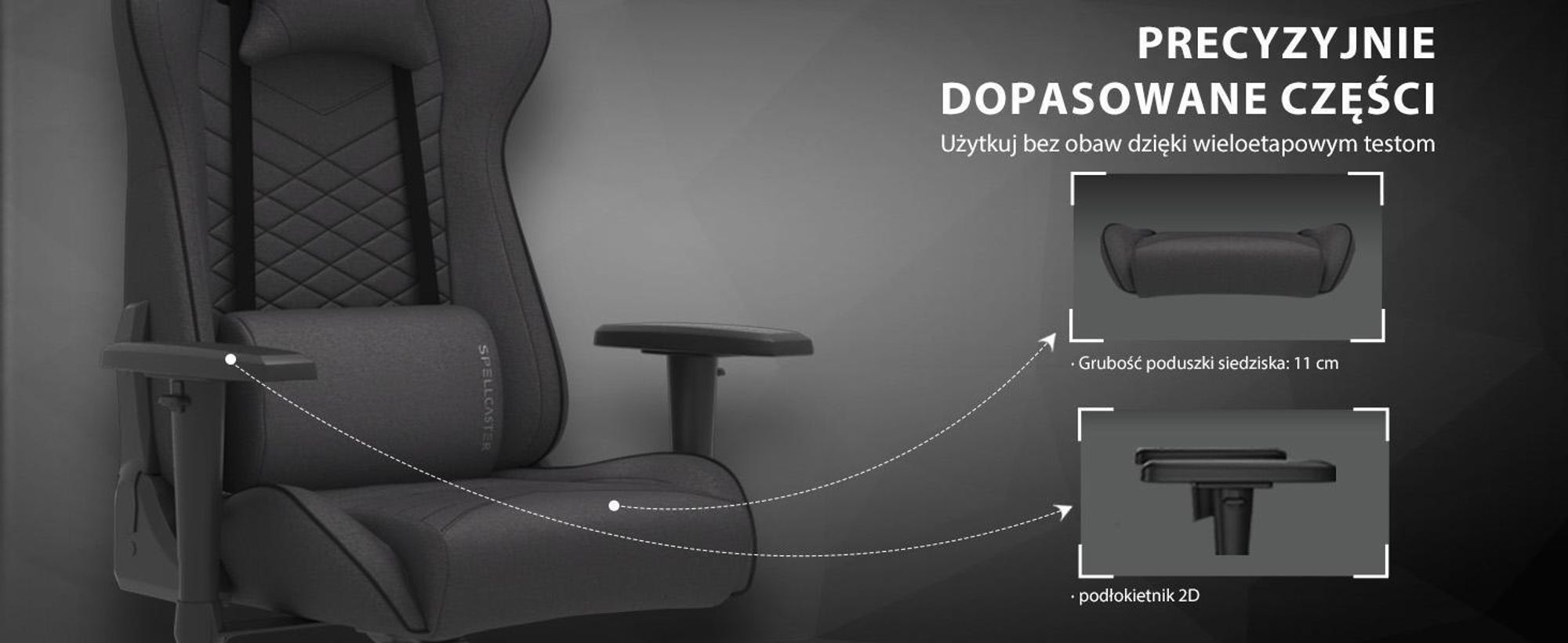 Krzesło gamingowe SENSE7 Spellcaster, tapicerka czarno-szara – ergonomiczne krzesło biurowe, krzesło do biurka komputerowego, krzesło dla graczy, nośność 150 kg, podłokietniki z regulacją 2D, oparcie odchylane o 160°, fotel szefa