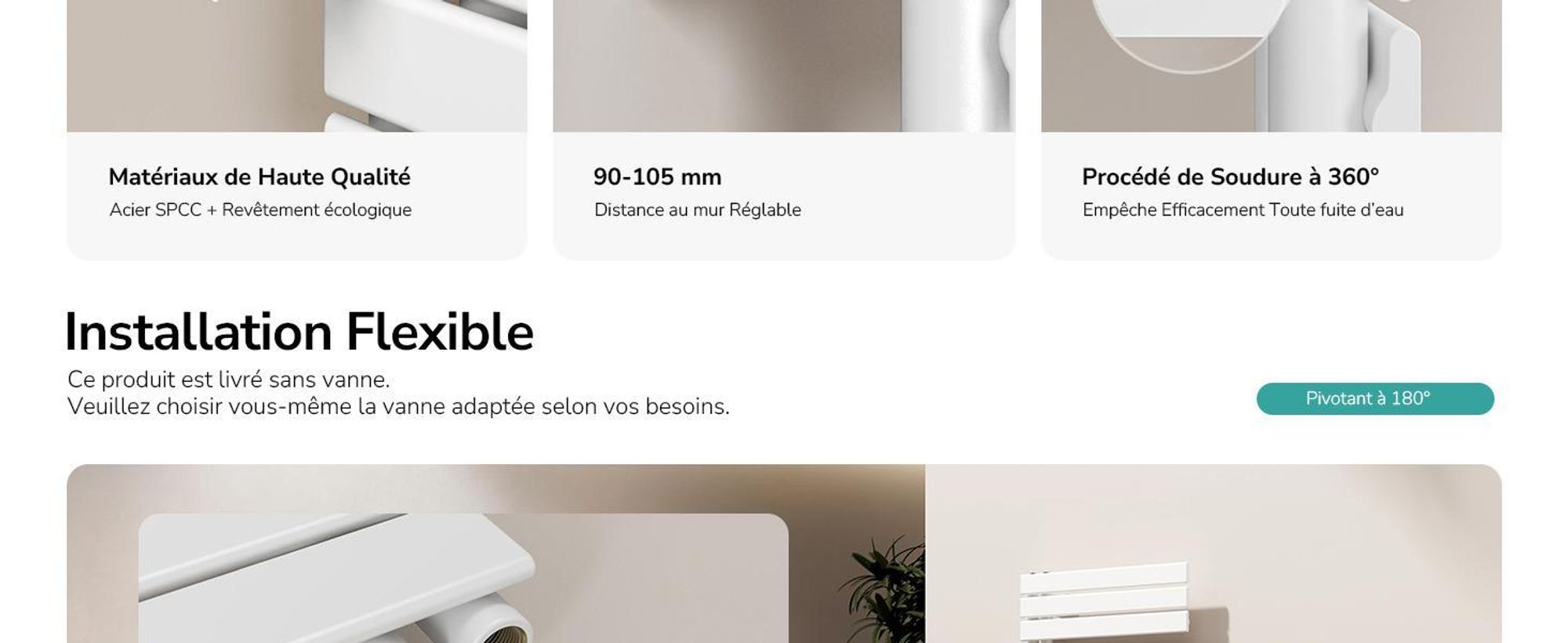 EMKE Séchoir à serviettes Radiateur de salle de bain Radiateur à panneaux Raccordement latéral Montage mural Eau chaude 1320 x 400 mm Blanc sans thermoplongeur
