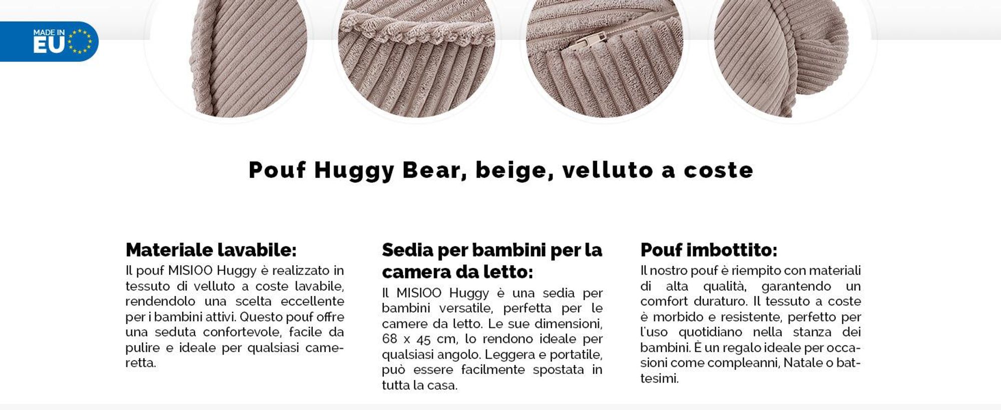 MISIOO Beanbag Kids - Big Bag Bean Bag - Lavabile - - Struttura robusta e morbida - Materiale a coste - 68x45 cm - Beige
