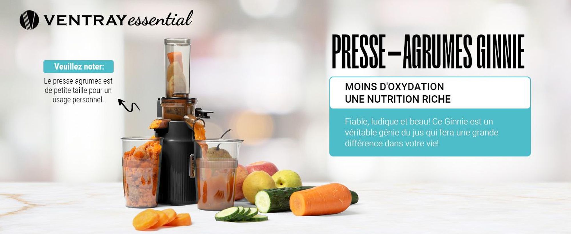 Ventray Essential Ginnie - Centrifugeuse à pression à froid, Slow Juicer Compact & Silencieux (60 tr/min, ouverture de remplissage de 45mm), sans BPA, 400ml, Nettoyage facile