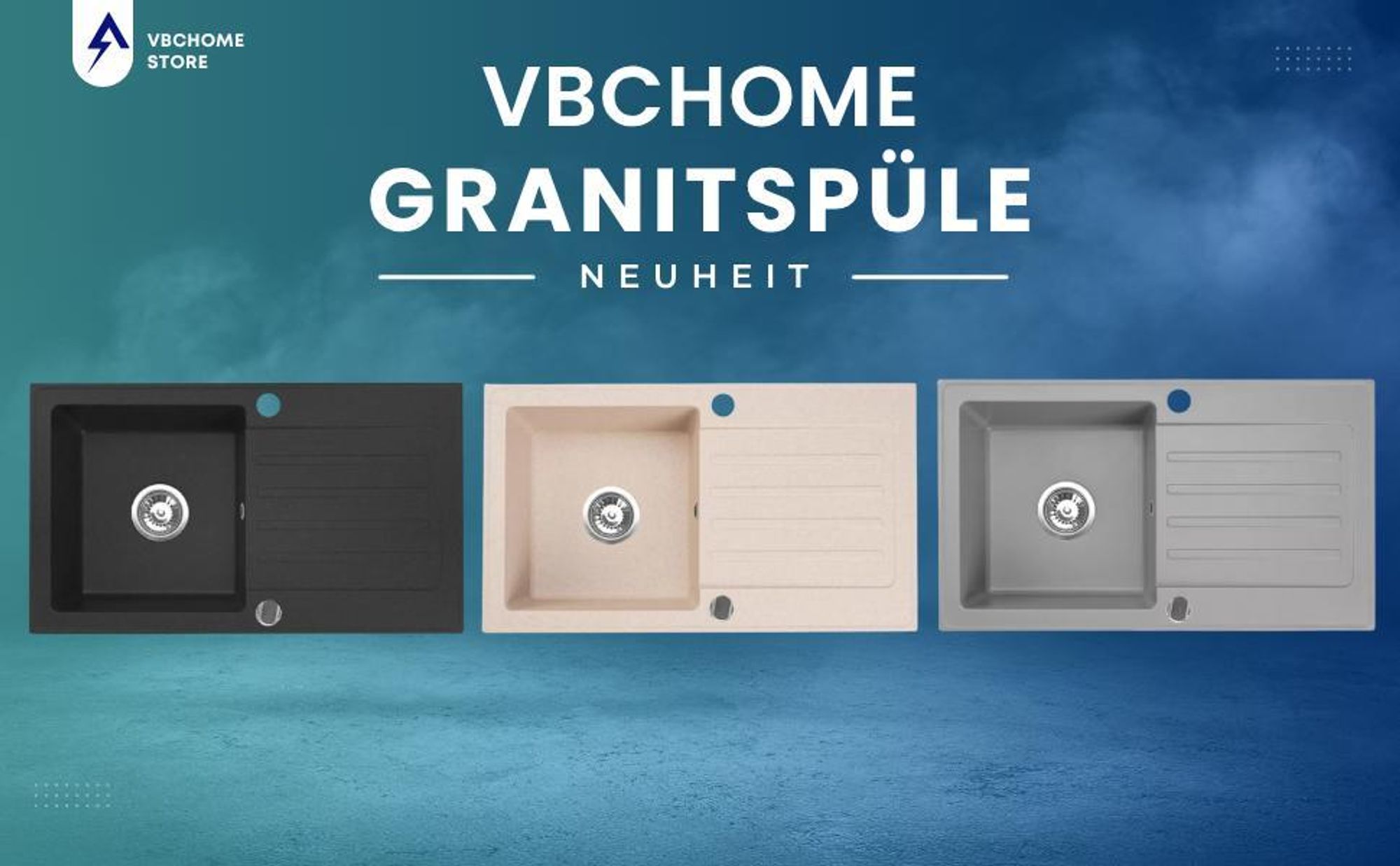VBChome Granitspüle 76 x 44 cm Beige mit Armatur Einzelbecken Einbauspüle Reversibel Gesprenkelt Pflegeleichtes Spülbecken mit Siphon Ideal für kleine