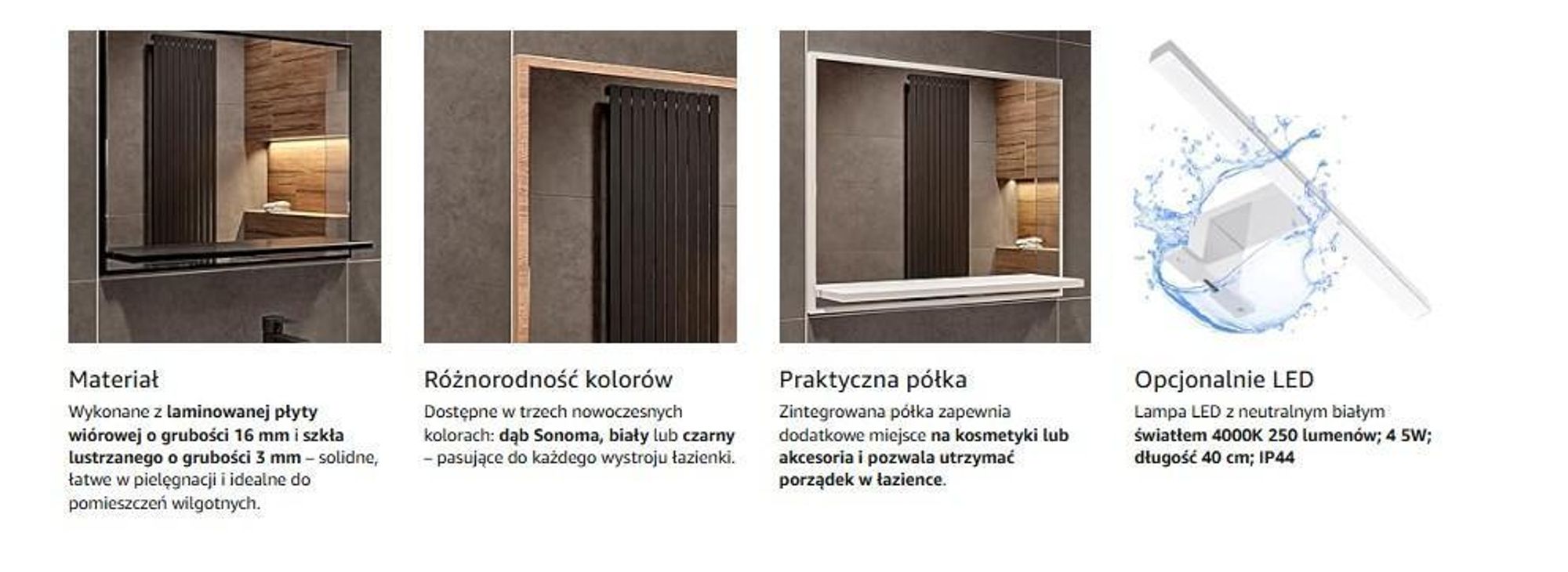 Lustro Łazienkowe Sonoma z Oświetleniem LED 4000K i Półką 50x60x10 cm (wys. x szer. x gł.) Podświetlone Lustro Ścienne Wiszące, Wodoszczelność IP44