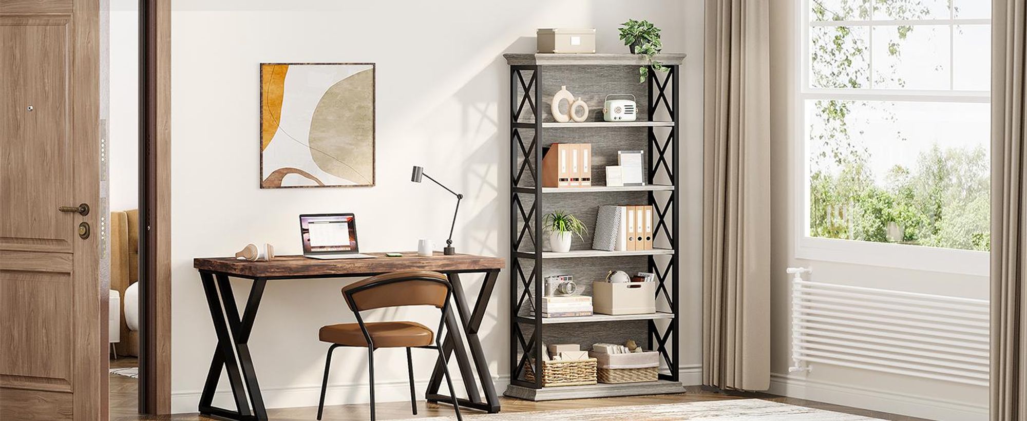 Tribesigns 6-stöckiges Bücherregal, 180 cm hohes Industrie-Bücherregal, 5 Ablagen, hohes Bücherregal für Homeoffice, Schlafzimmer, Grau und Schwarz