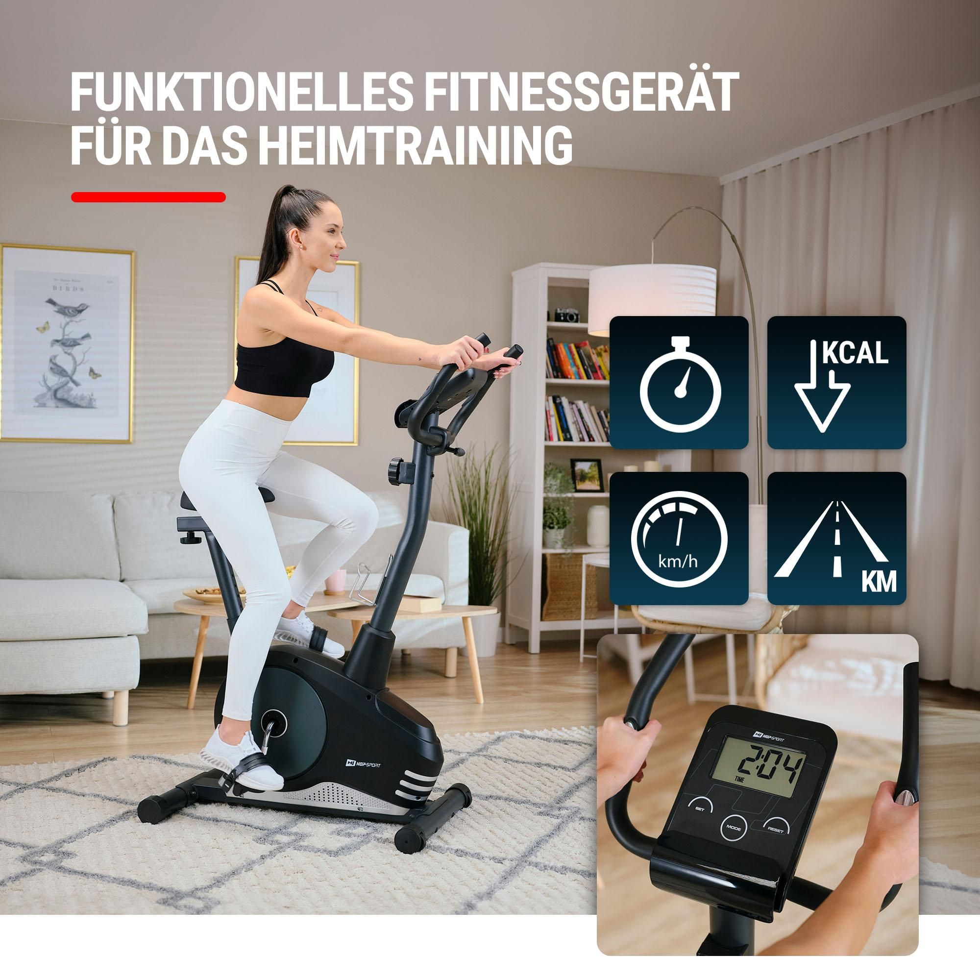 Hop-Sport Heimtrainer Fahrrad Spark Silber für Zuhause magnetischer Hometrainer mit verstellbarem Sitz & Lenker, Pulssensoren, LCD-Display - bis 120kg