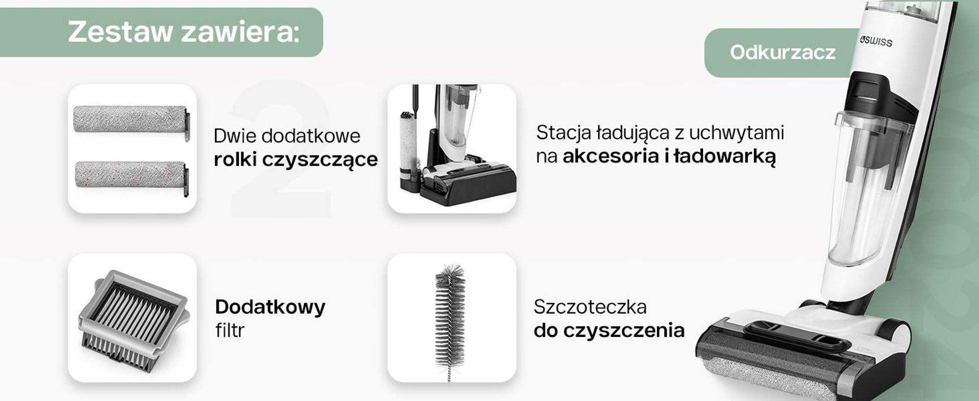 4Swiss VC024 Clean Booster – bezprzewodowy odkurzacz do czyszczenia na mokro i na sucho o mocy ssania 15 000 Pa – odkurzacz akumulatorowy z funkcją mycia podłóg, samoczyszczący, inteligentny odkurzacz z funkcją mycia