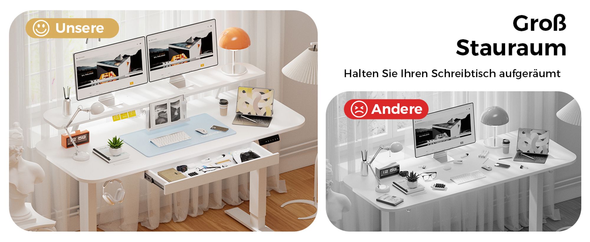COMHOMA Schreibtisch Höhenverstellbarer Schreibtisch Elektrischer, 120x60cm elektrischer mit Schubladen, Monitorständer, Tablet-Ständer und Mauspad