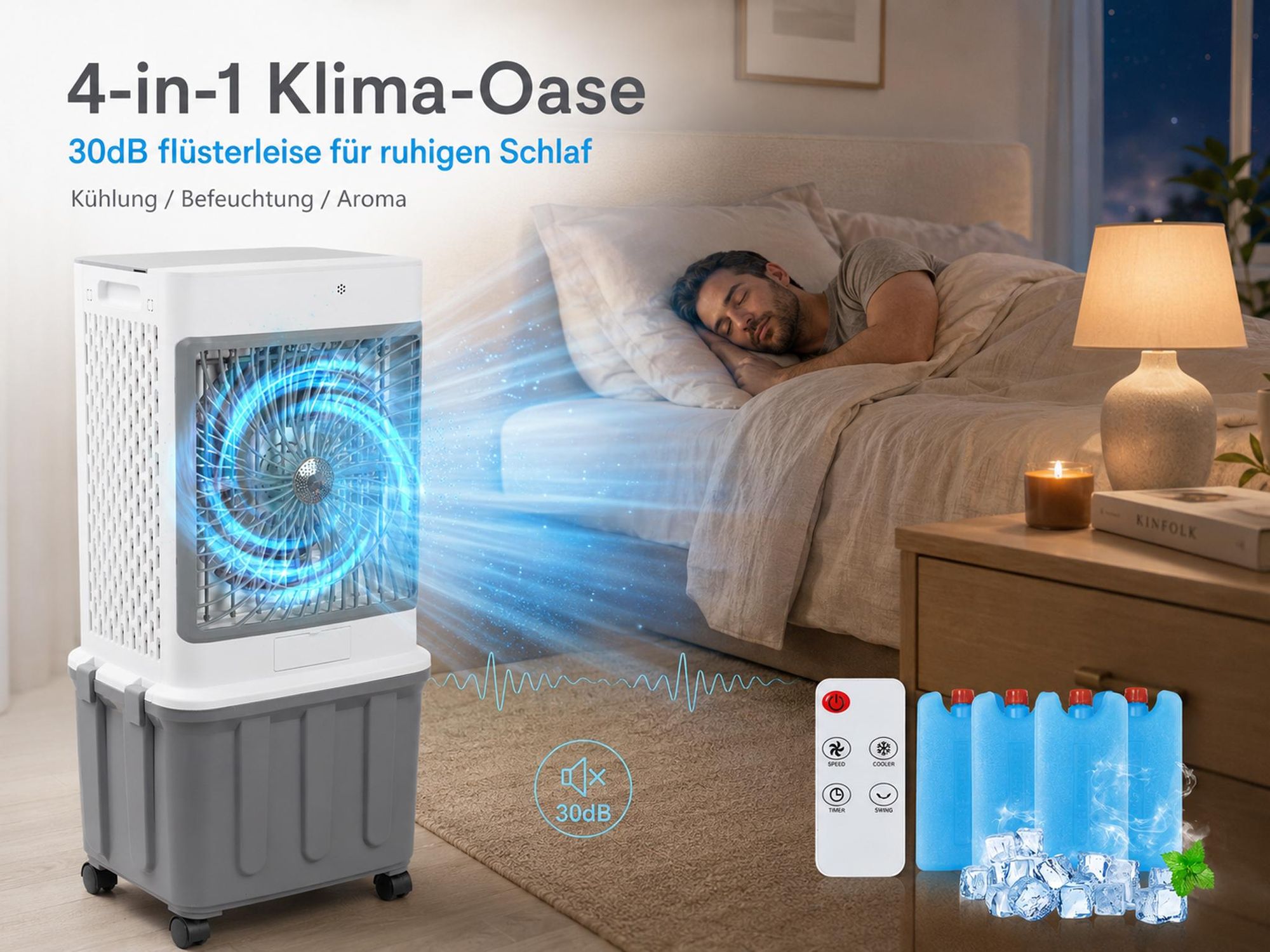 32L Klimagerät Mobil Ohne Abluftschlauch 70W Klimaanlage mit 4 Eisboxen 30H Laufzeit 30dB Leise Ventilator Mit Wasserkühlung Wohnung Zimmer Räume 85cm
