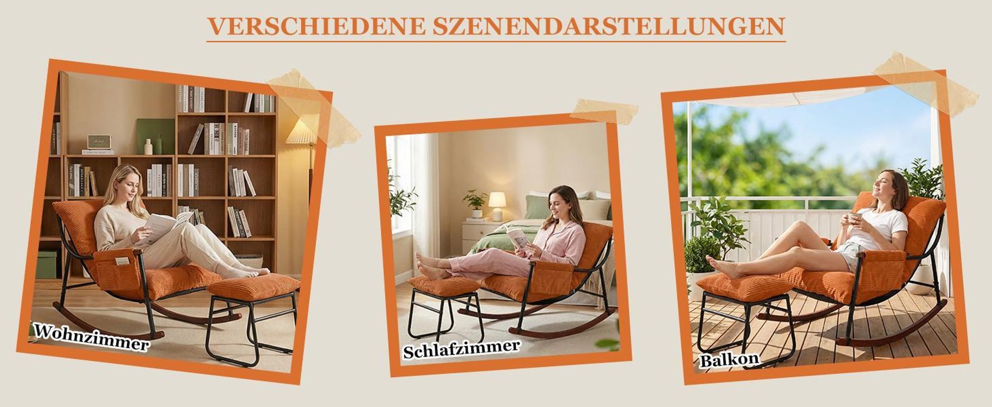 Stillstuhl-Schaukelstuhl mit Fußhocker, Seitentasche, Armlehnen und Holzgestell, Schaukelstuhl für Wohnzimmer, Schlafzimmer, Balkon, Babyzimmer, Nurse
