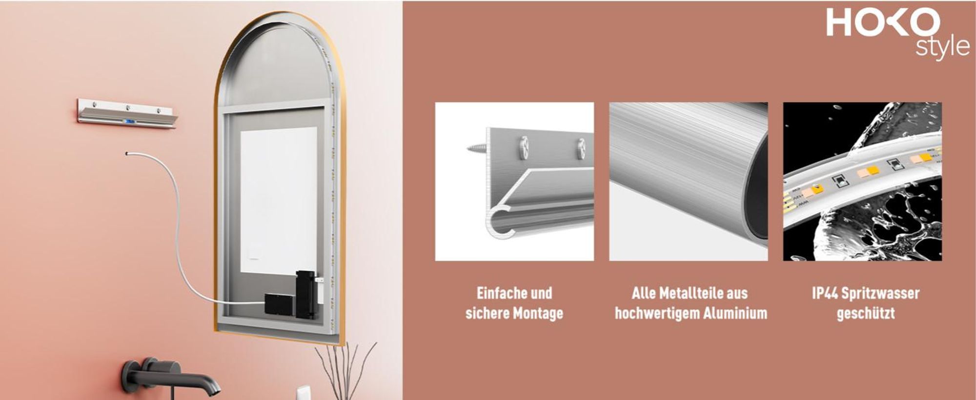 HOKO® LED Badspiegel Bogen Beschlagfrei 50x90 cm / 90x50 cm San Diego mit Goldener Metallrahmen, HOCH+QUER Montage. Arch+Touch Schalter+Licht Wechsel