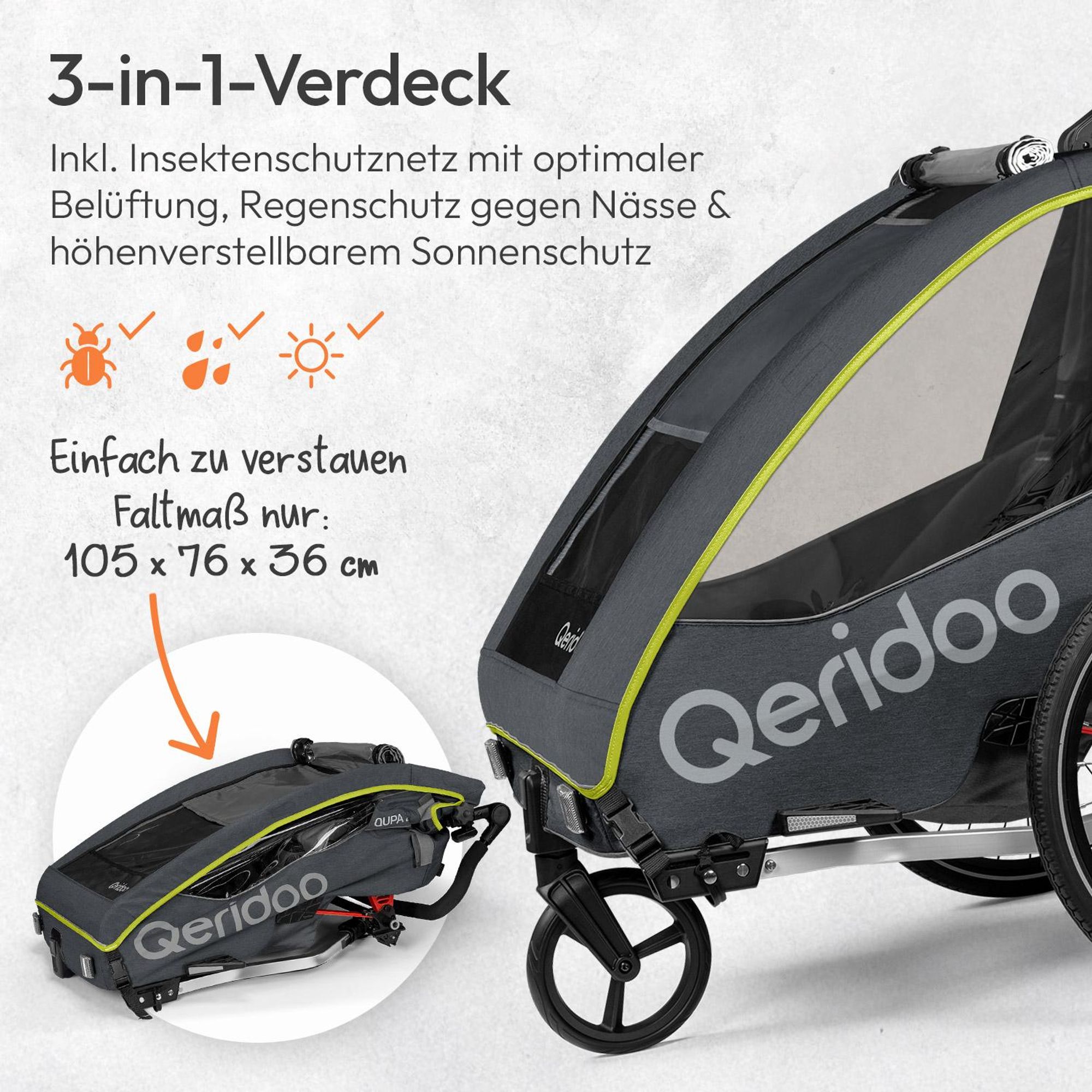 Qeridoo QUPA 2 - Kinderfahrradanhänger für 2 Kinder, Farbe: Lime