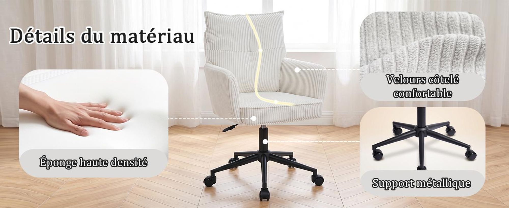 Chaise de bureau Duhome pivotant à 360° Chaise de bureau en velours côtelé Chaise pivotante Chaise de maquillage Réglable en hauteur Chaise d'ordinateur, blanc