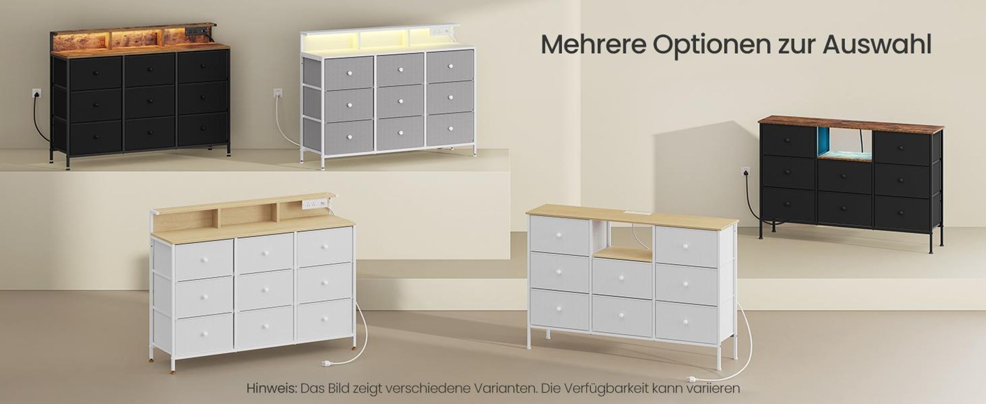 SONGMICS Kommode, Aufbewahrungsschrank mit 9 Schubladen und LED-Beleuchtung