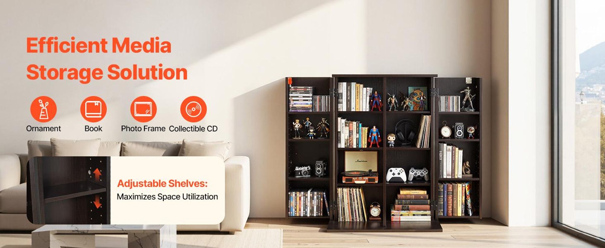 VEVOR Medienregal, 4-Ebenen DVD-Regal, 610x368x846 mm Medienschrank, Multimedia-Aufbewahrung für CDs, DVDs, Bücher, Spiele, CD-Regal für Wohnzimmer, Homeoffice, Aufnahmeraum, Braun