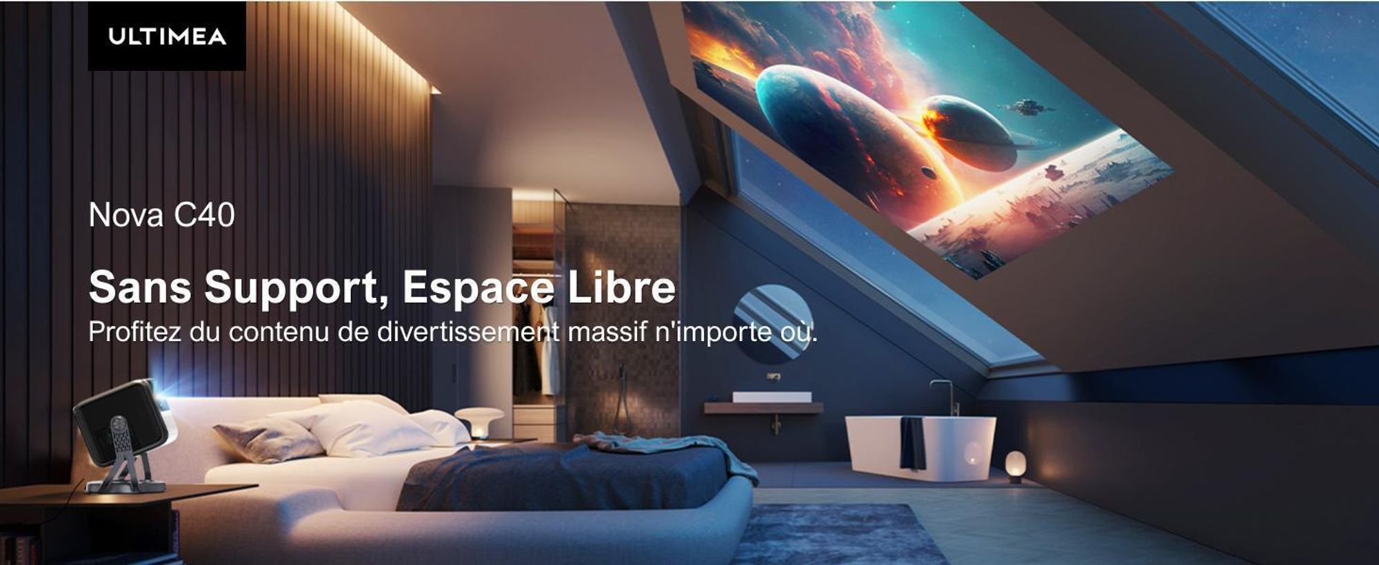 ULTIMEA Nova C40 Beamer avec décodage 4K et Android TV 11.0 Beamer 1000:1, Dolby Audio, 600 ANSI, HDR10&HLG, avec 90° Gimbal stand-free design