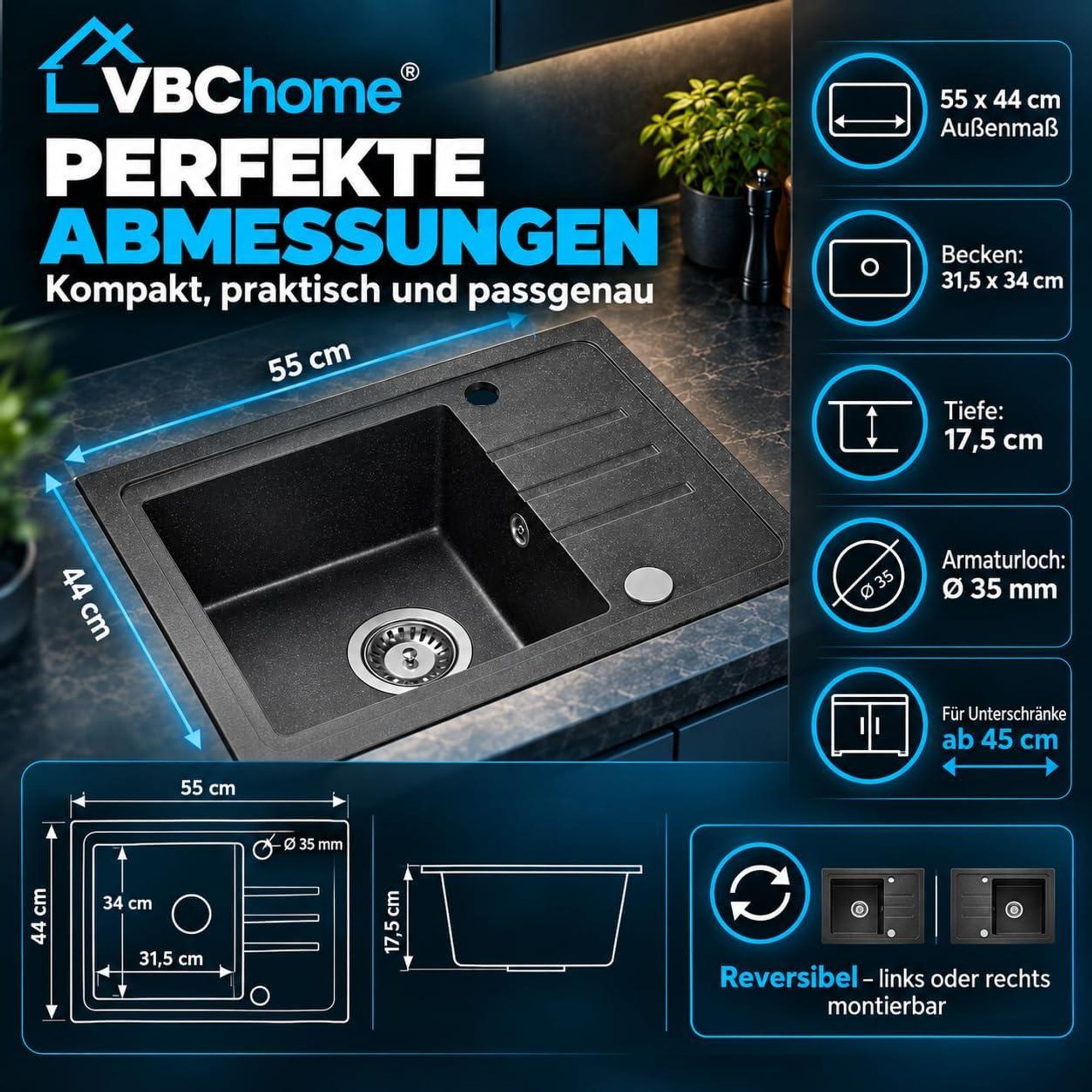 VBChome Spülbecken Granit Schwarz 55 x 44 cm Einzelbecken Einbauspüle Gesprenkelt Reversibel Granitspüle Schwarz Siphon Waschbecken