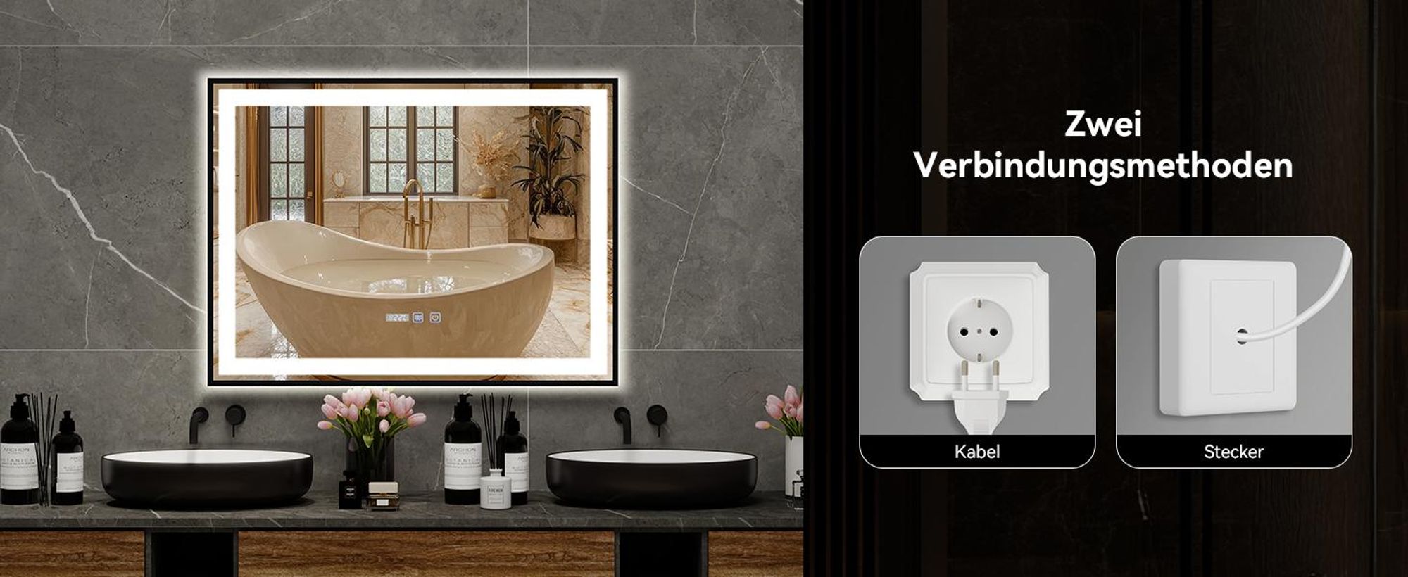Puluomis Badspiegel 70x50 beschlagfrei mit 3 Farbe Beleuchtung, dimmbare Helligkeit, Badezimmerspiegel mit Digitaluhr, Temperatur schwarz
