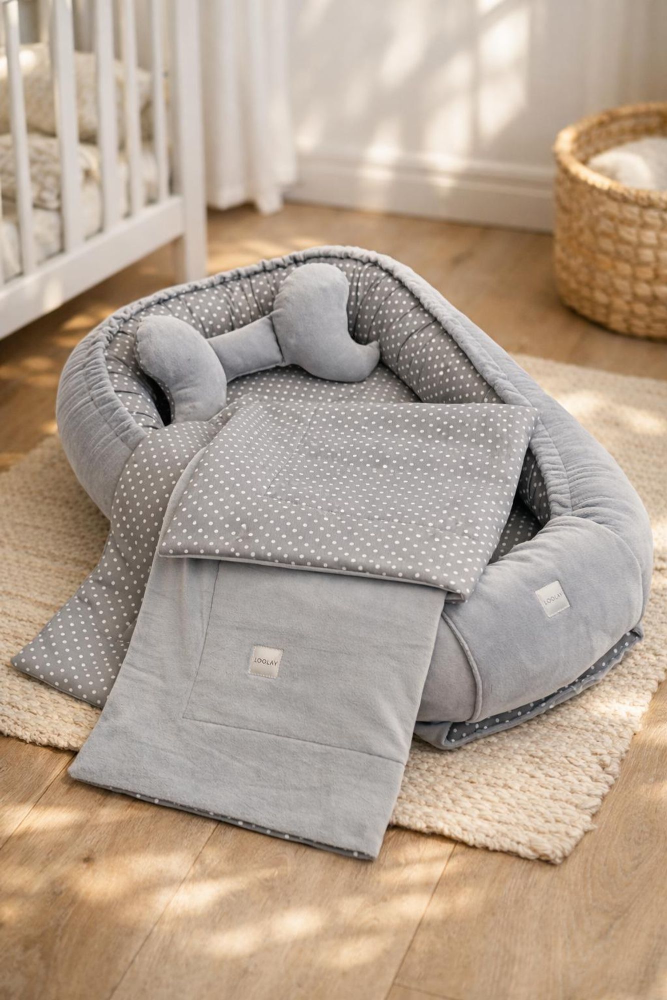 Premium BABYNEST + DECKE + Kissen GRAU Samt Velour/ PUNKTE Grau Baumwolle Nestchen Babyausstattung Geschenk Geborgenheit für Neugeborene
