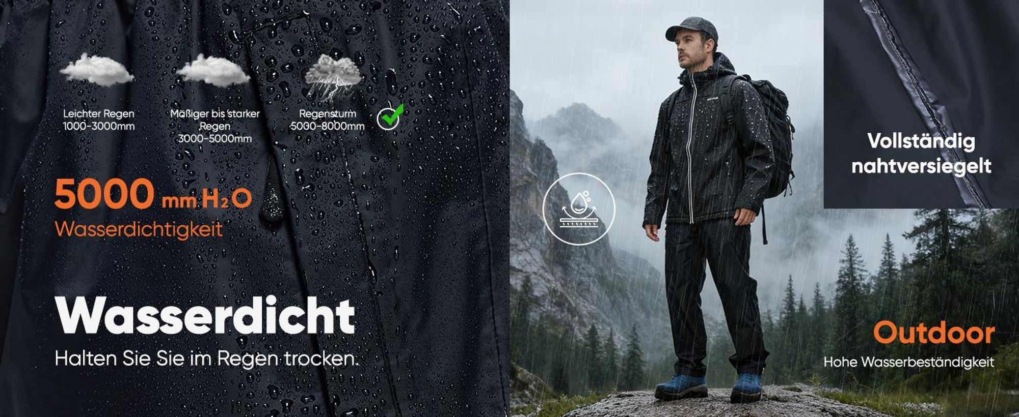 BUBW Herren Regenhose wasserdicht winddicht atmungsaktiv Leicht & faltbar für Outdoor, Wandern, Radfahren, Angeln Mit Reflexstreifen & verstellbarem
