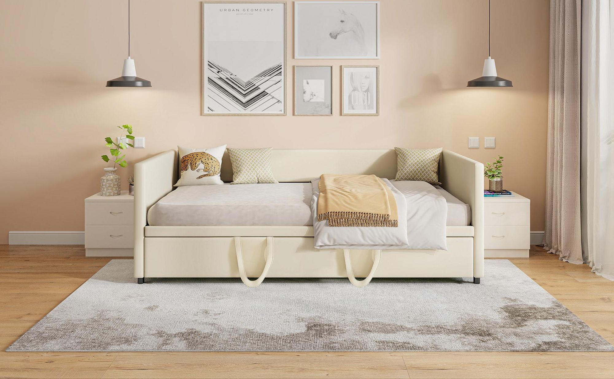 INONEFT Schlafsofa 90/180 x 200 cm, Tagesbett Ausziehbar Sofabett mit Lattenrosten, Polsterbett für Erwachsene, Samtstoff, ohne Matratze, Beige